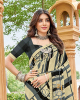 Vishal Prints Light Beige And Black Printed Georgette Saree With Fancy Border