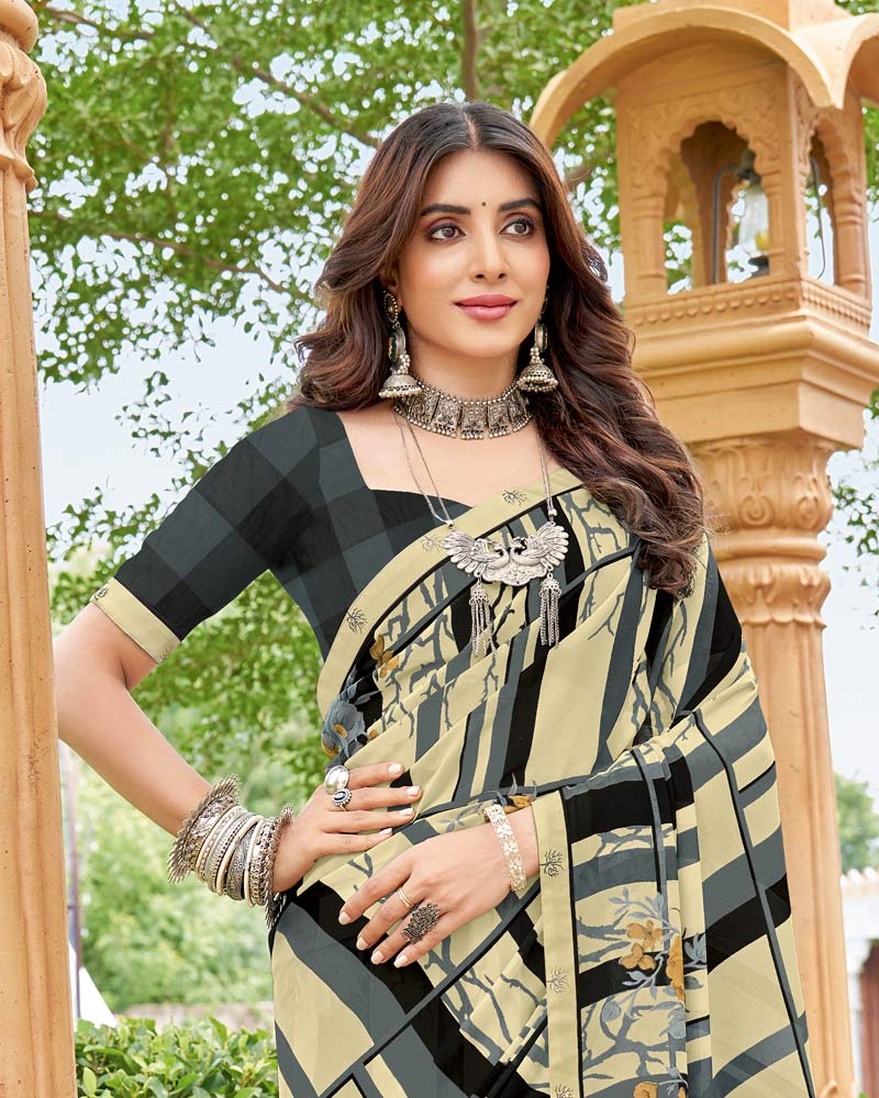 Vishal Prints Light Beige And Black Printed Georgette Saree With Fancy Border