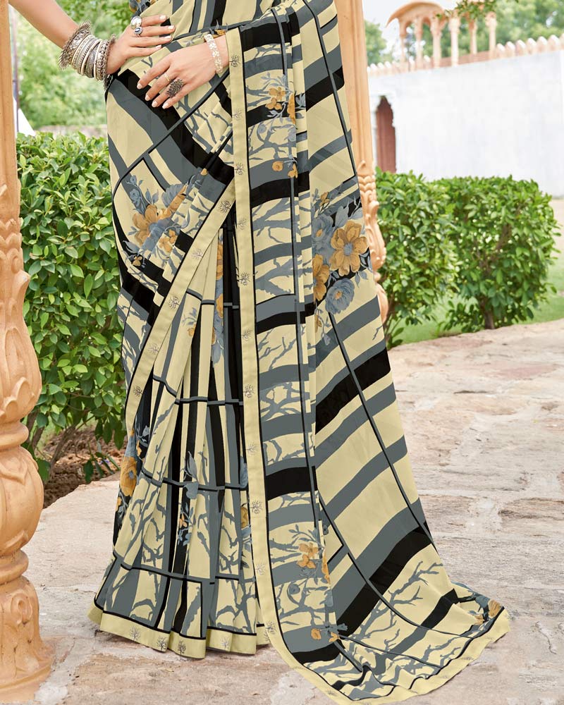 Vishal Prints Light Beige And Black Printed Georgette Saree With Fancy Border