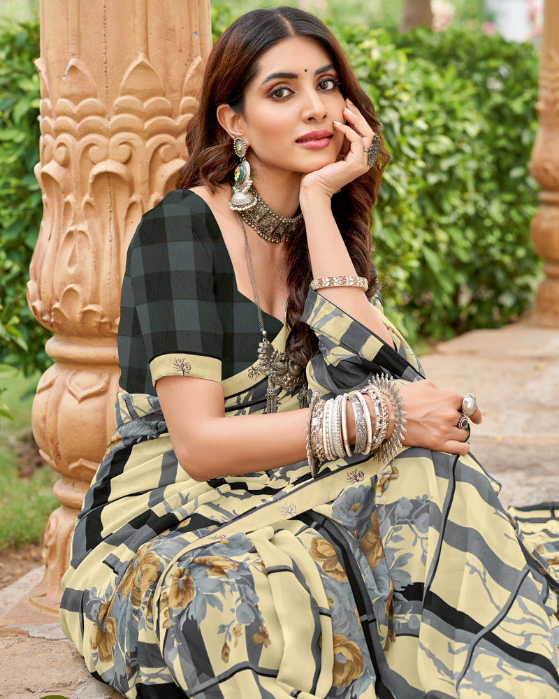 Vishal Prints Light Beige And Black Printed Georgette Saree With Fancy Border