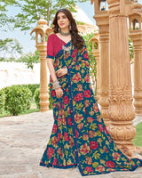 Vishal Prints Navy Blue Printed Georgette Saree With Fancy Border