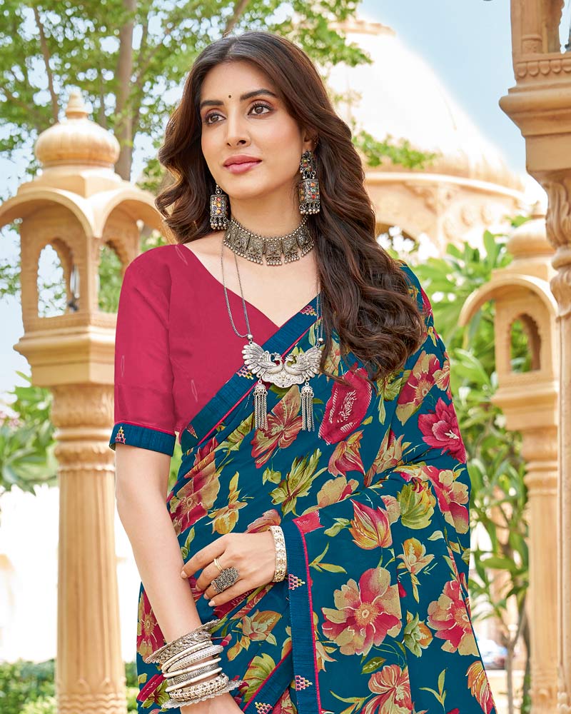 Vishal Prints Navy Blue Printed Georgette Saree With Fancy Border