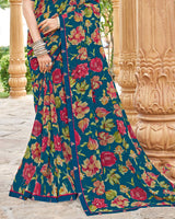Vishal Prints Navy Blue Printed Georgette Saree With Fancy Border