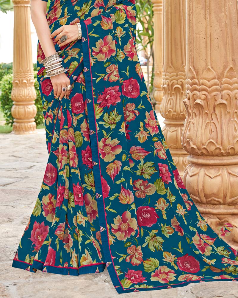 Vishal Prints Navy Blue Printed Georgette Saree With Fancy Border