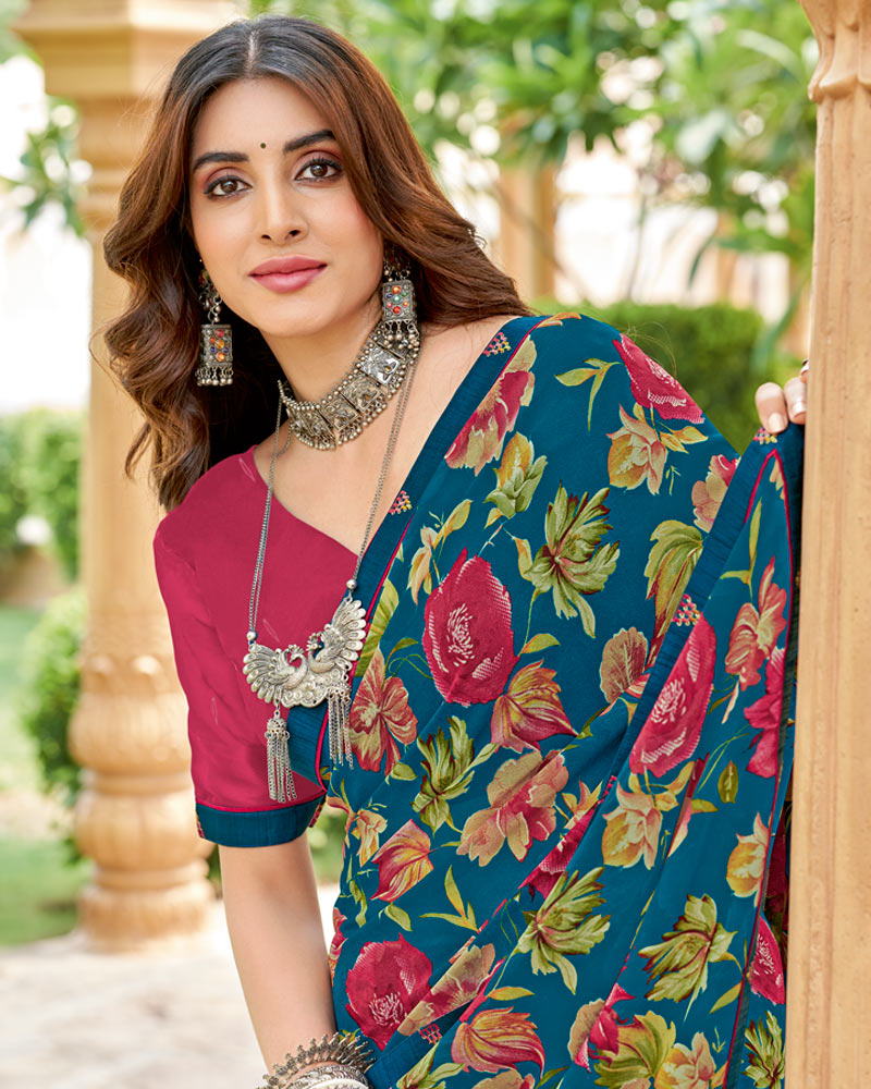 Vishal Prints Navy Blue Printed Georgette Saree With Fancy Border