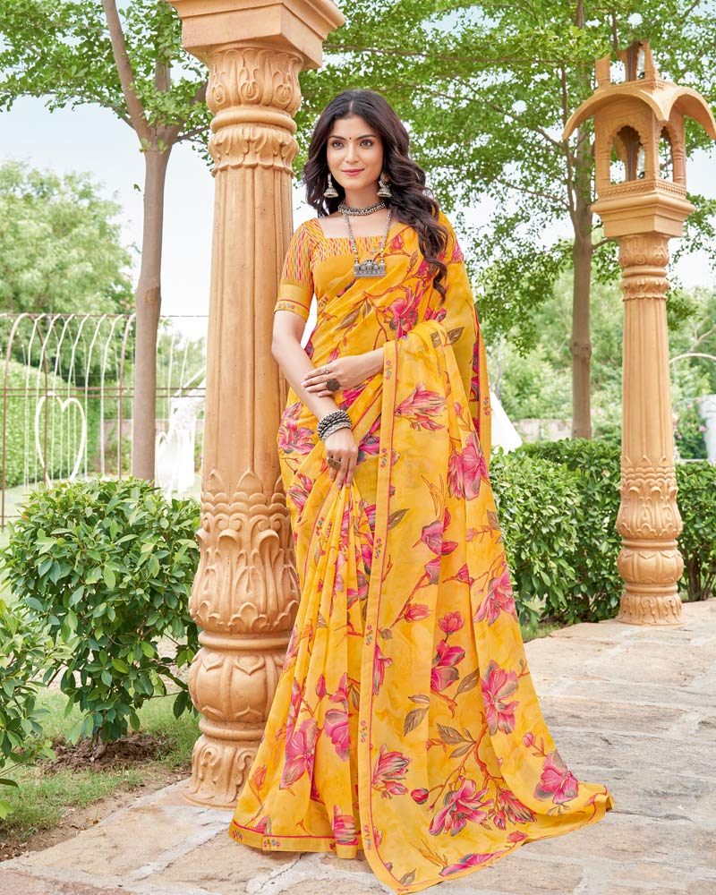 Vishal Prints Sunshade Orange Printed Georgette Saree With Fancy Border