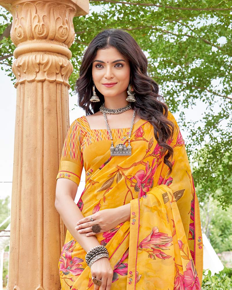 Vishal Prints Sunshade Orange Printed Georgette Saree With Fancy Border