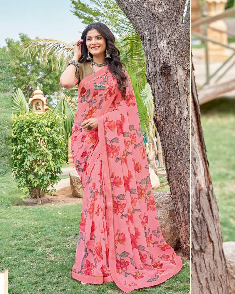 Vishal Prints Rosy Pink Printed Georgette Saree With Fancy Border