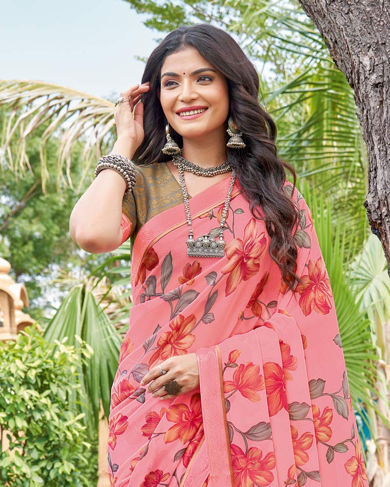 Vishal Prints Rosy Pink Printed Georgette Saree With Fancy Border
