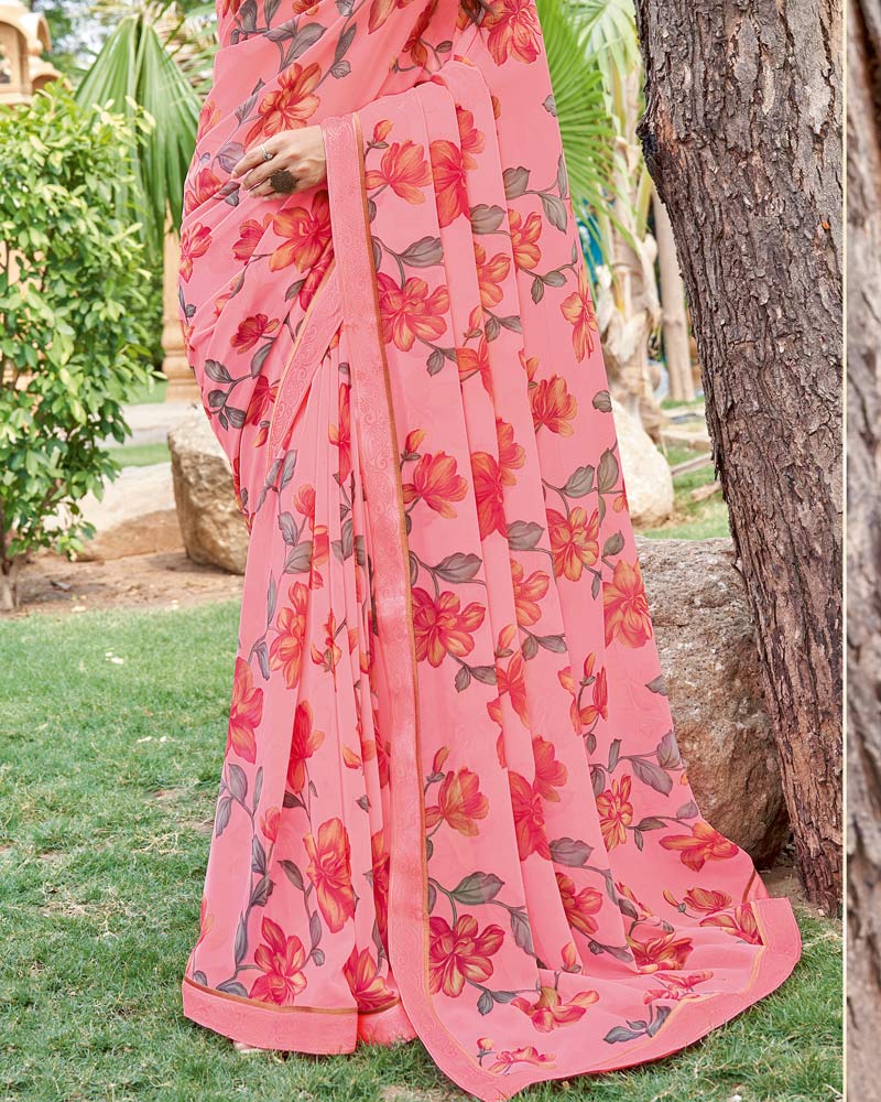 Vishal Prints Rosy Pink Printed Georgette Saree With Fancy Border