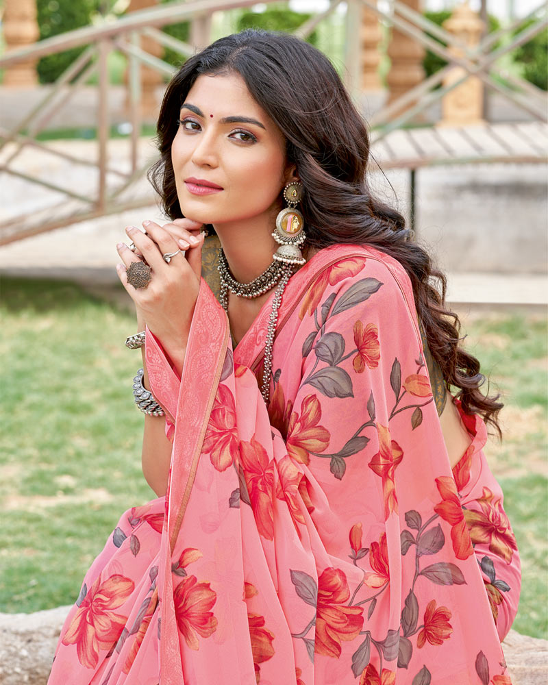 Vishal Prints Rosy Pink Printed Georgette Saree With Fancy Border