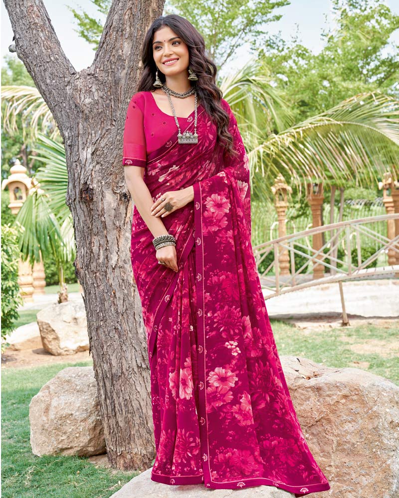 Vishal Prints Red Purple Printed Georgette Saree With Fancy Border