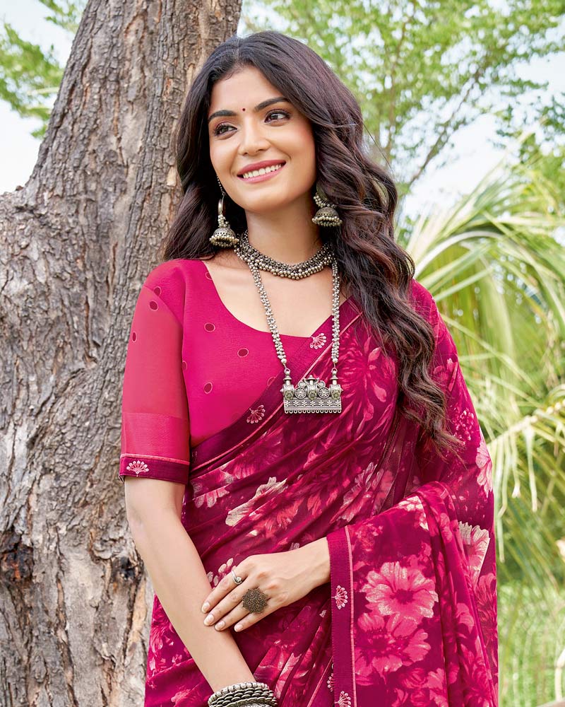 Vishal Prints Red Purple Printed Georgette Saree With Fancy Border