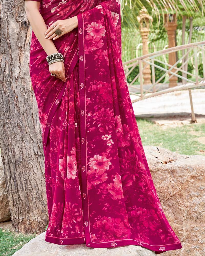 Vishal Prints Red Purple Printed Georgette Saree With Fancy Border