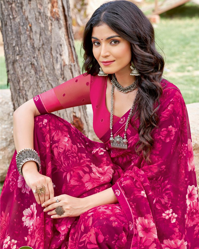 Vishal Prints Red Purple Printed Georgette Saree With Fancy Border