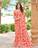 Vishal Prints Pinkish Orange And Light Coral Printed Georgette Saree With Fancy Border