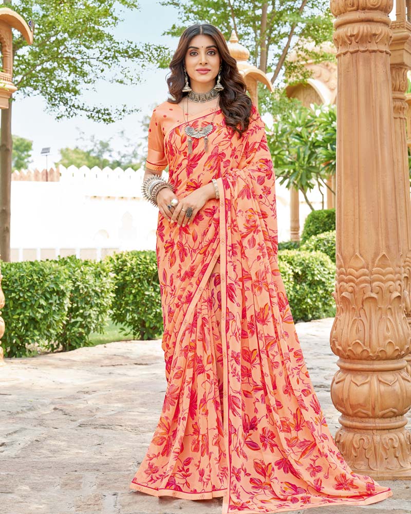 Vishal Prints Pinkish Orange And Light Coral Printed Georgette Saree With Fancy Border
