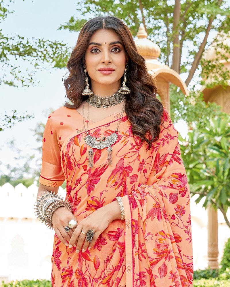 Vishal Prints Pinkish Orange And Light Coral Printed Georgette Saree With Fancy Border