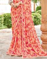 Vishal Prints Pinkish Orange And Light Coral Printed Georgette Saree With Fancy Border