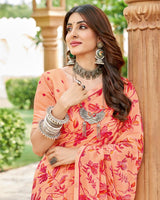 Vishal Prints Pinkish Orange And Light Coral Printed Georgette Saree With Fancy Border