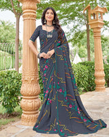 Vishal Prints Dark Slate Grey Printed Georgette Saree With Fancy Border