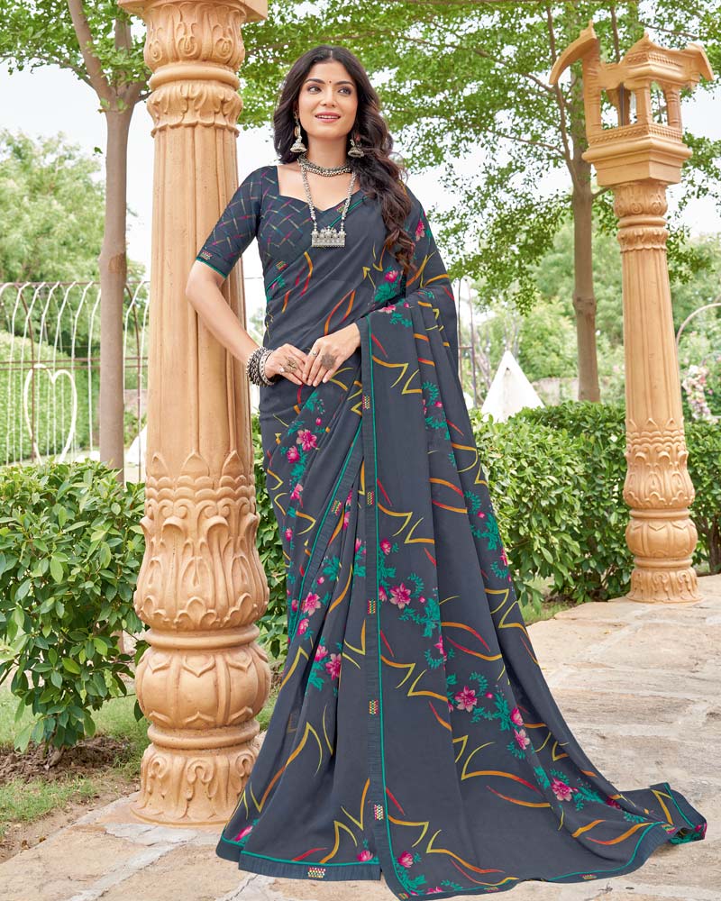 Vishal Prints Dark Slate Grey Printed Georgette Saree With Fancy Border