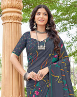 Vishal Prints Dark Slate Grey Printed Georgette Saree With Fancy Border