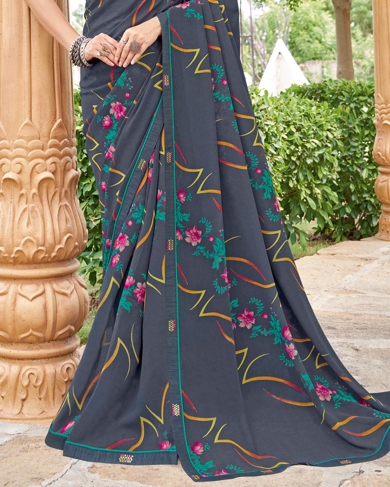 Vishal Prints Dark Slate Grey Printed Georgette Saree With Fancy Border