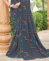 Vishal Prints Dark Slate Grey Printed Georgette Saree With Fancy Border