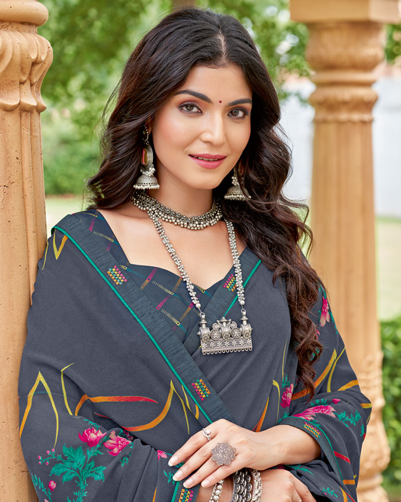Vishal Prints Dark Slate Grey Printed Georgette Saree With Fancy Border