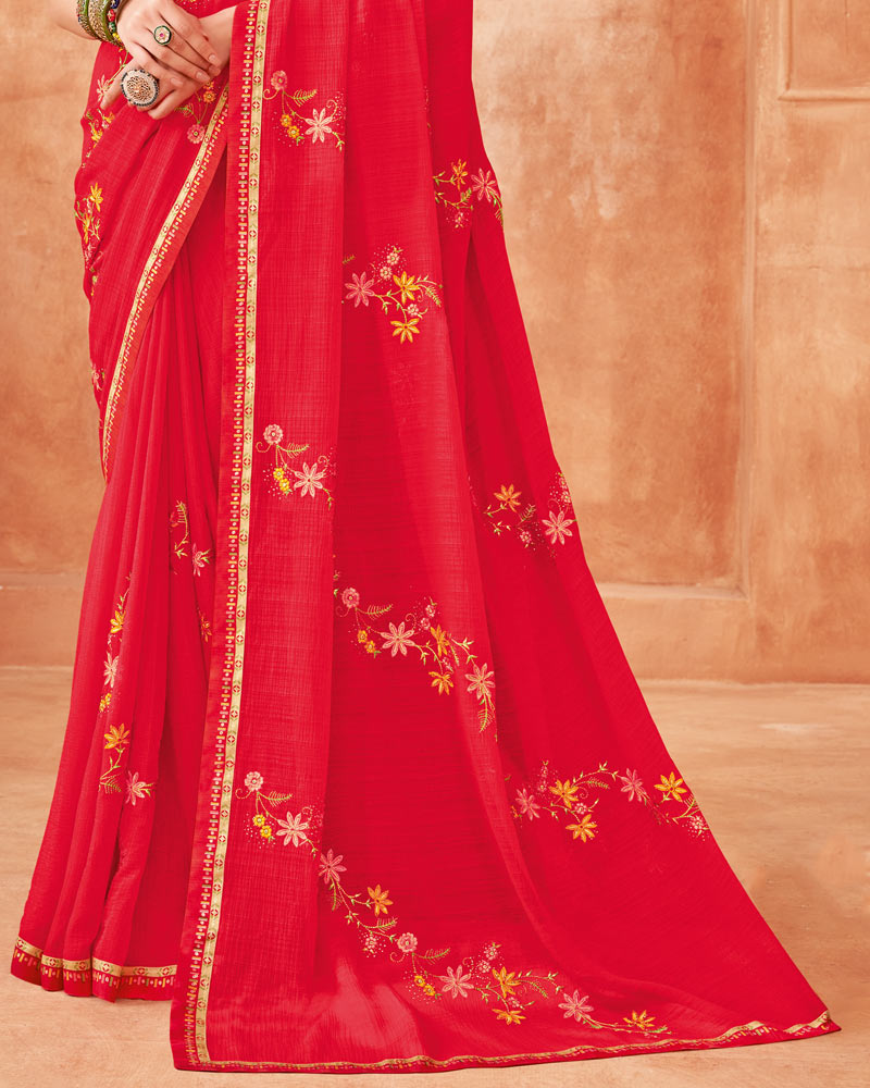 Vishal Prints Cherry Red Designer Patterned Chiffon Saree With Embroidery-Diamond Work And Fancy Border