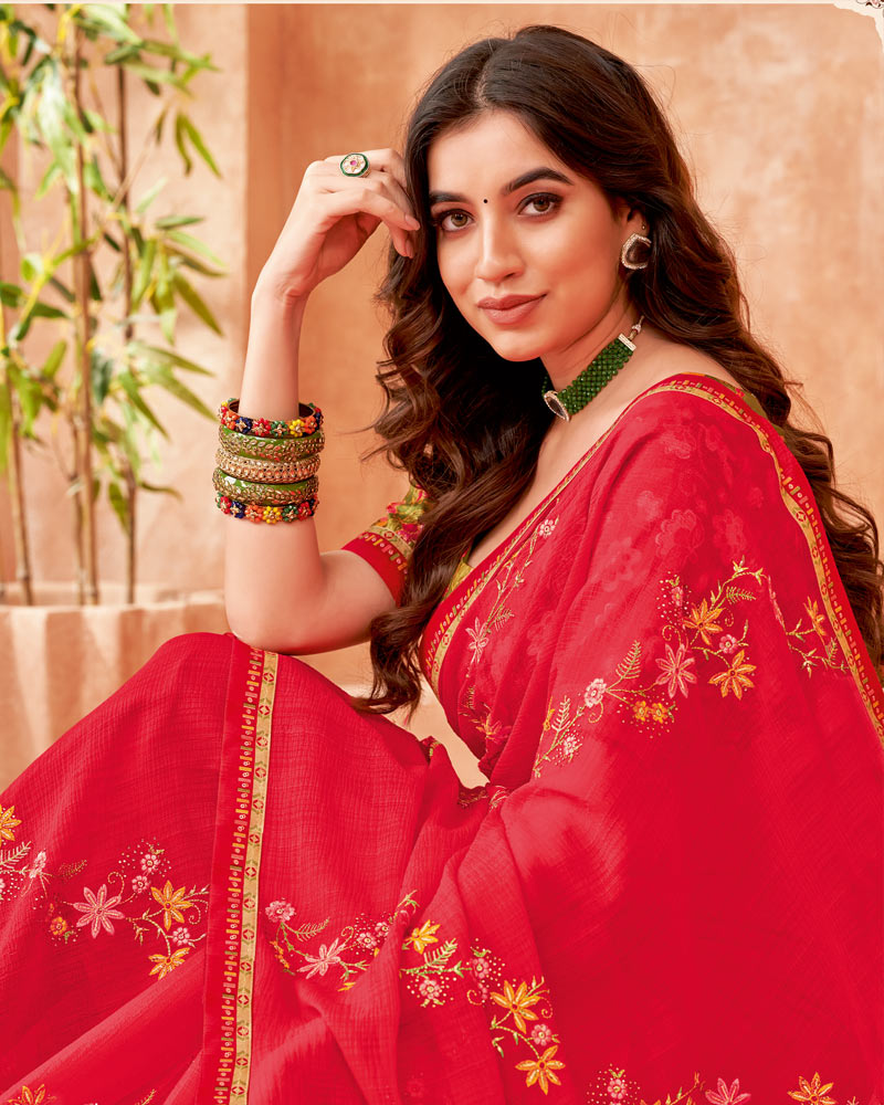 Vishal Prints Cherry Red Designer Patterned Chiffon Saree With Embroidery-Diamond Work And Fancy Border