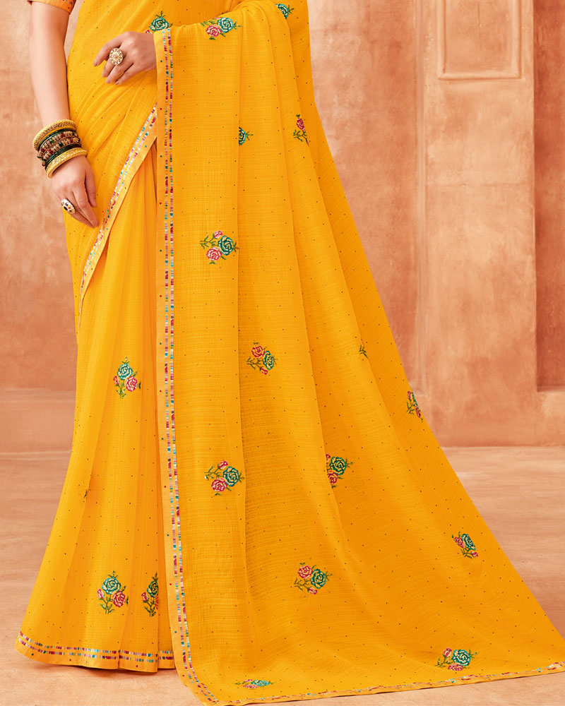 Vishal Prints Golden Yellow Designer Patterned Chiffon Saree With Embroidery-Diamond Work And Fancy Border