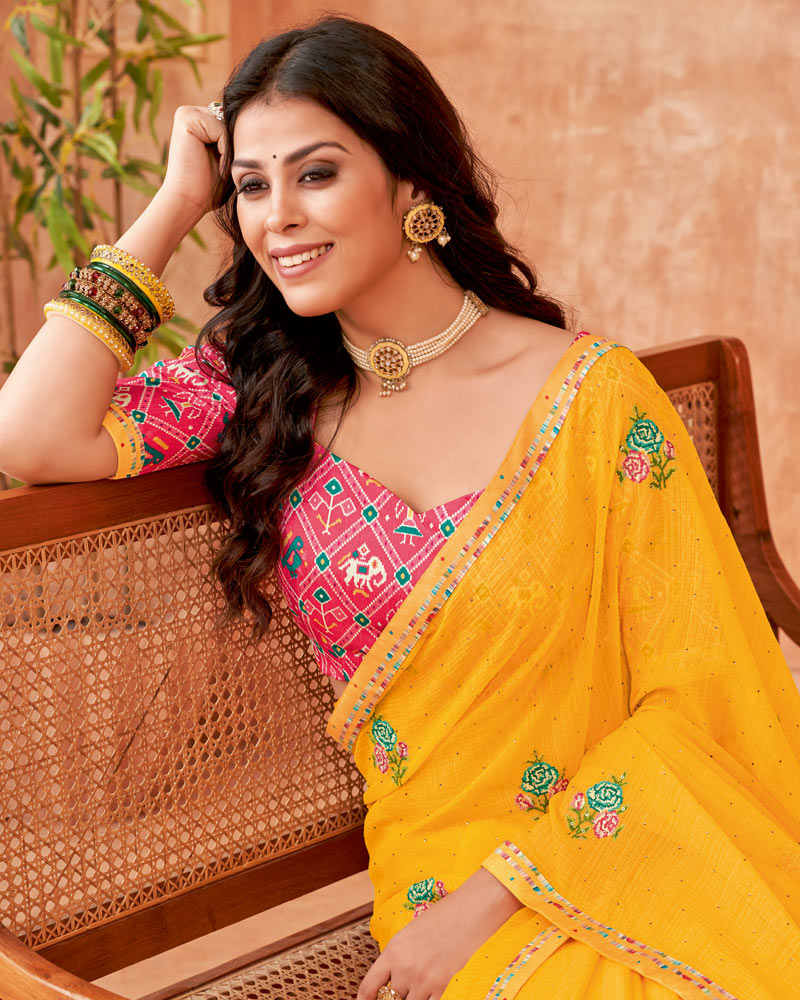 Vishal Prints Golden Yellow Designer Patterned Chiffon Saree With Embroidery-Diamond Work And Fancy Border