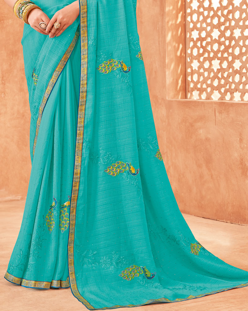 Vishal Prints Dark Turquoise Blue Designer Patterned Chiffon Saree With Embroidery-Diamond Work And Fancy Border