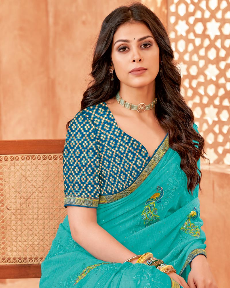 Vishal Prints Dark Turquoise Blue Designer Patterned Chiffon Saree With Embroidery-Diamond Work And Fancy Border