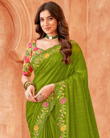 Vishal Prints Mehandi Green Designer Patterned Chiffon Saree With Embroidery-Diamond Work And Cut Work Border
