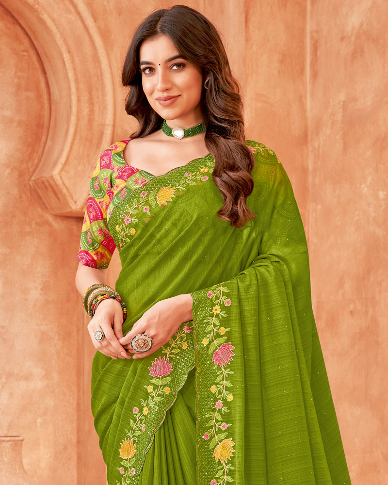 Vishal Prints Mehandi Green Designer Patterned Chiffon Saree With Embroidery-Diamond Work And Cut Work Border