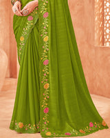 Vishal Prints Mehandi Green Designer Patterned Chiffon Saree With Embroidery-Diamond Work And Cut Work Border