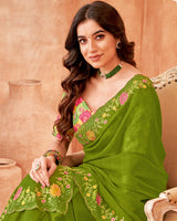 Vishal Prints Mehandi Green Designer Patterned Chiffon Saree With Embroidery-Diamond Work And Cut Work Border