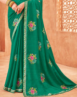 Vishal Prints Dark Sea Green Designer Patterned Chiffon Saree With Embroidery-Diamond Work And Fancy Border