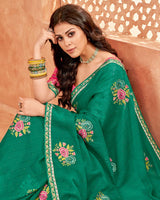 Vishal Prints Dark Sea Green Designer Patterned Chiffon Saree With Embroidery-Diamond Work And Fancy Border