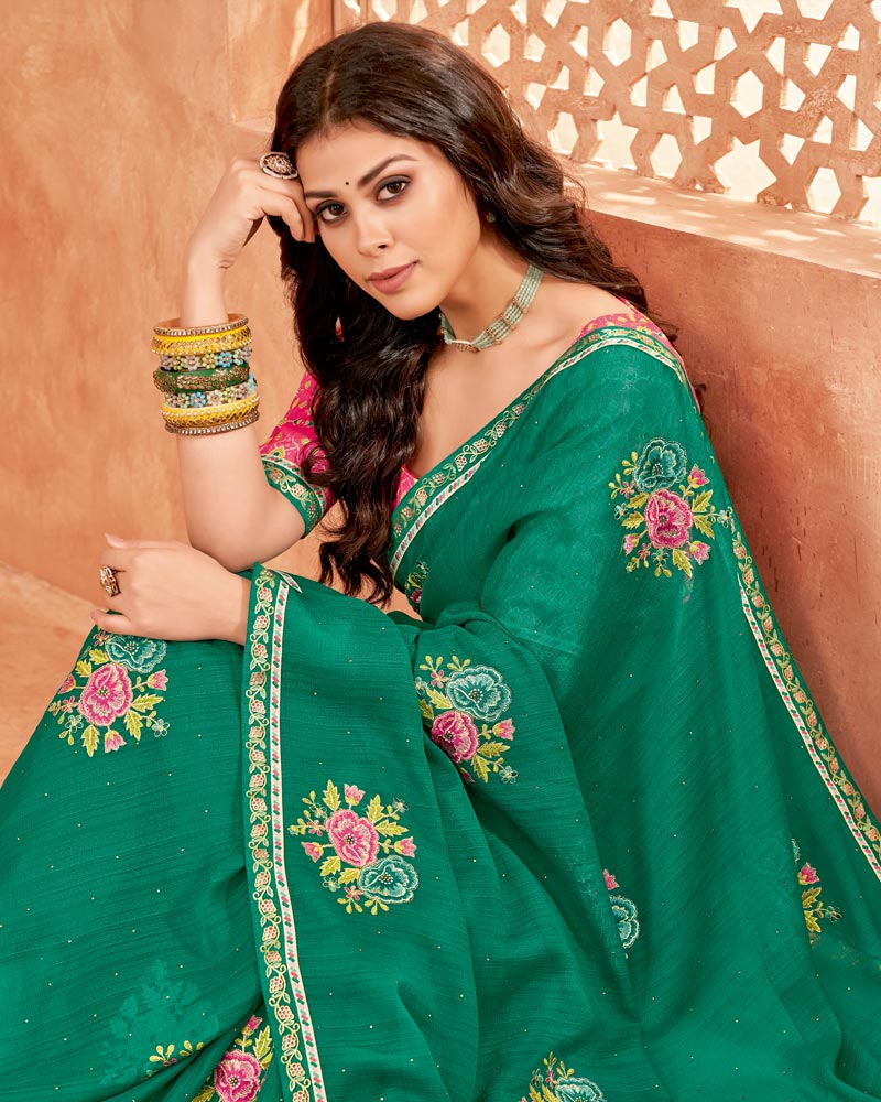 Vishal Prints Dark Sea Green Designer Patterned Chiffon Saree With Embroidery-Diamond Work And Fancy Border