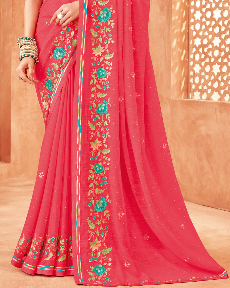Vishal Prints Mandy Pink Designer Patterned Chiffon Saree With Embroidery-Diamond Work And Fancy Border
