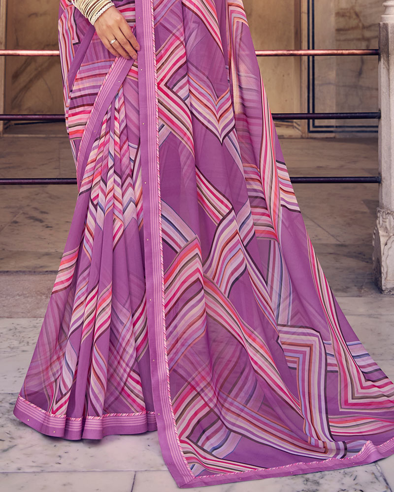 Vishal Prints Bouquet Violet Digital Print Georgette Saree With Fancy Border