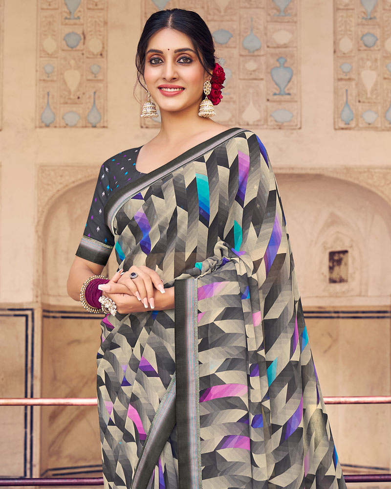 Vishal Prints Dark Grey Digital Print Georgette Saree With Fancy Border