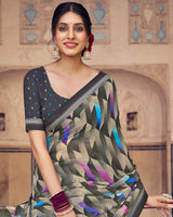 Vishal Prints Dark Grey Digital Print Georgette Saree With Fancy Border