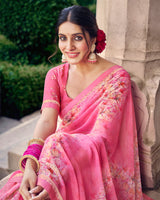 Vishal Prints Cherry Pink Digital Print Georgette Saree With Fancy Border