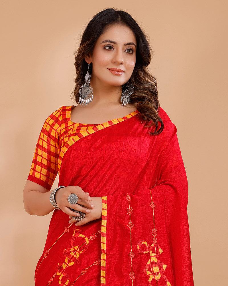 Vishal Prints Dark Red Tussar Silk Saree With Embroidery And Patch Work