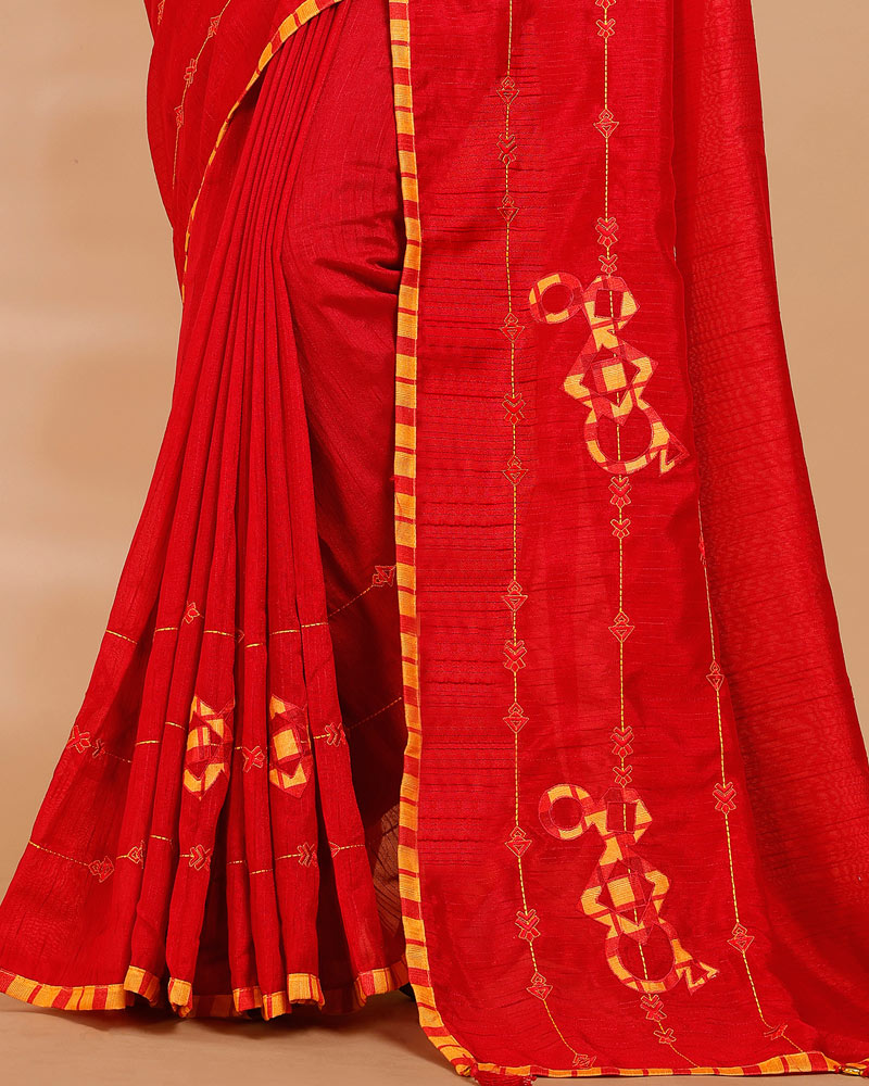 Vishal Prints Dark Red Tussar Silk Saree With Embroidery And Patch Work